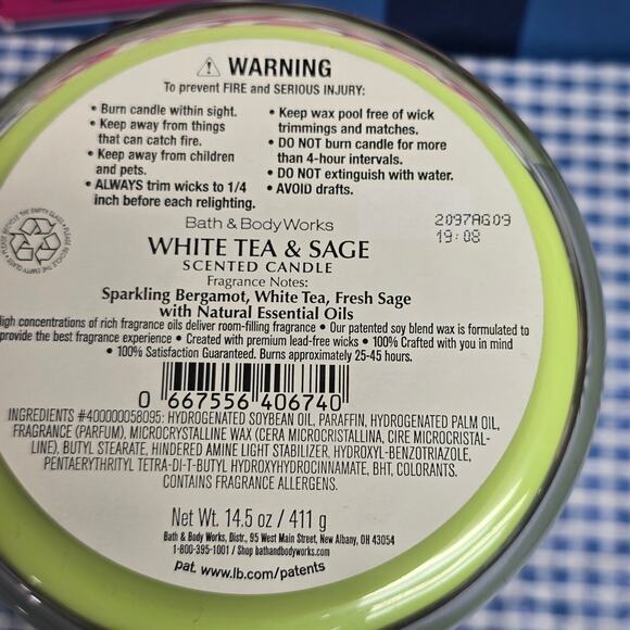 BBW White Tea & Sage Large 3 Wick Candle Fresh Spring Home Fragrance Decor - Picture 2 of 2